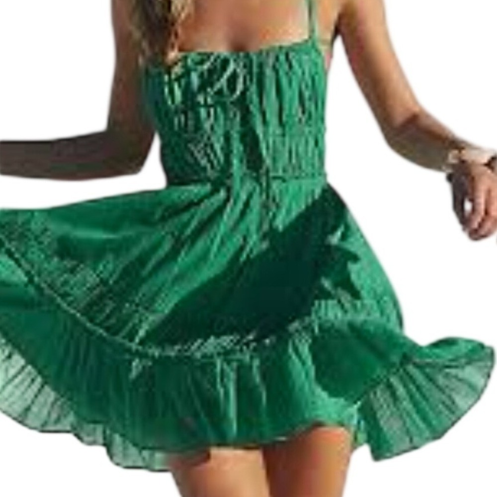 Free People 100 Degree Mini Dress Emerald Green Gauze Tiered Ruffle XS